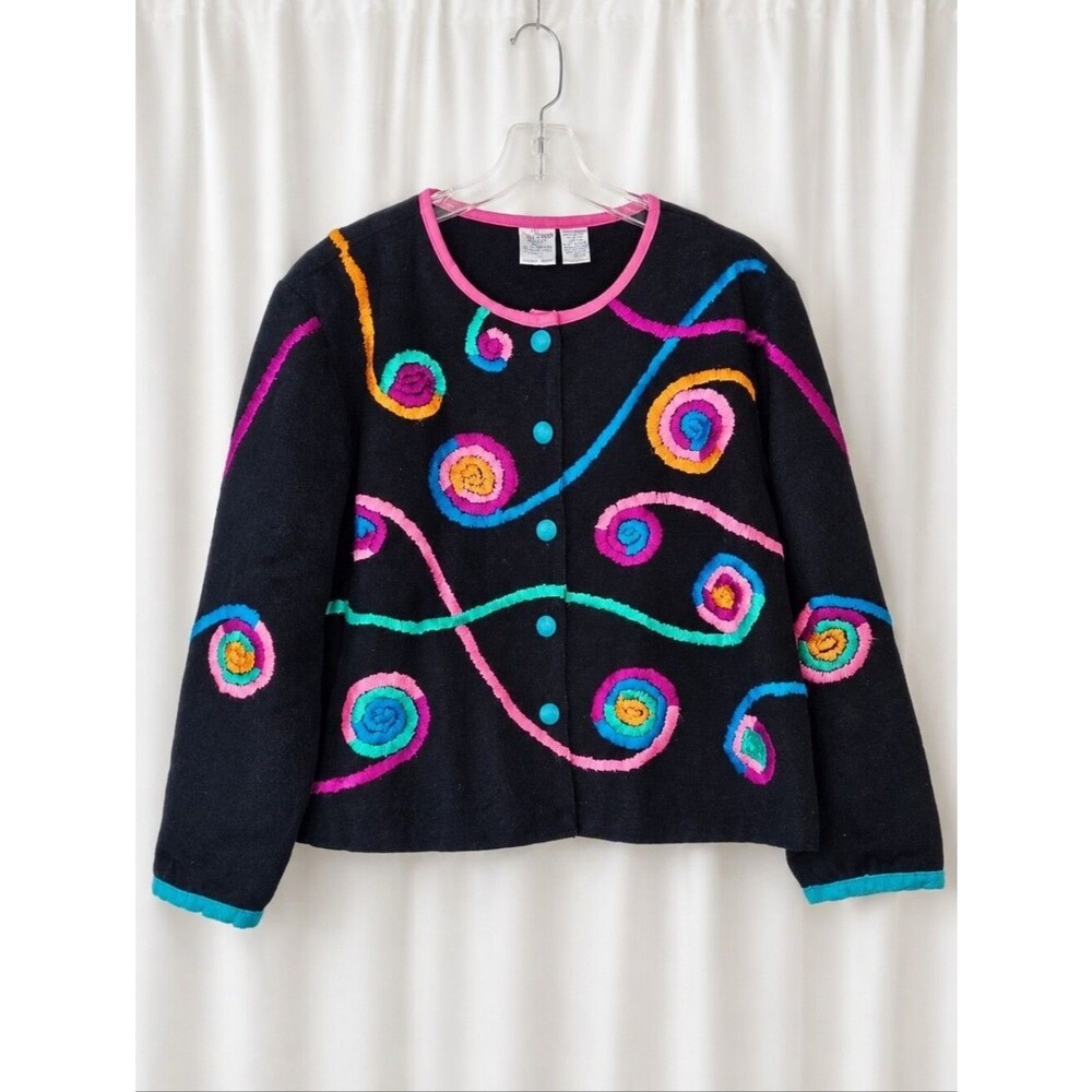 Vintage Bleu Bayou Black Embroidered Colorful Cotton Whimsical Chic Boho Jacket